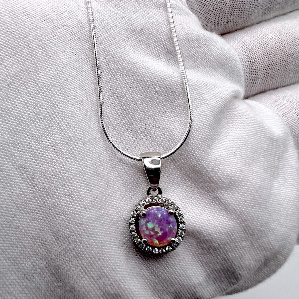 Sterling Silver Halo Pink Fire Opal Cz Set - Picture 6 of 17